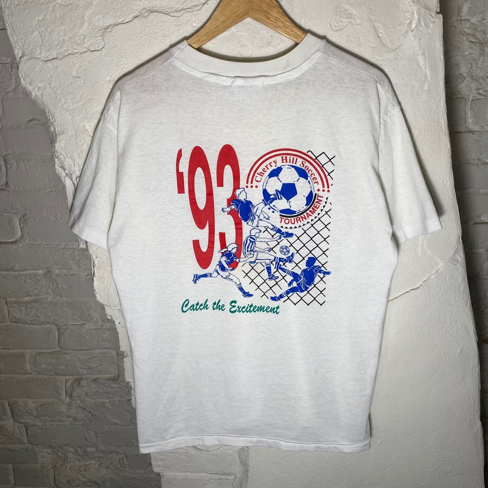 Vintage 1993 Cherry Hill Soccer Tournament Hanes T-Shirt Mens Medium White 90s‎
